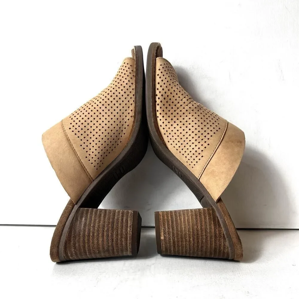 TOMS Tan Leather Block Heeled Sandals Women's 10 Slip On Open Toe Comfort Casual